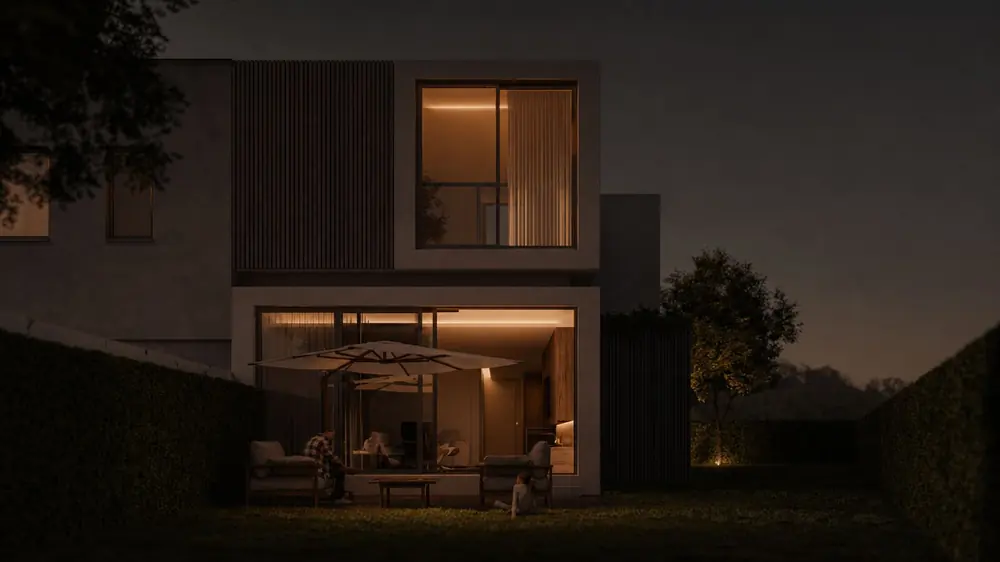 Casa contemporânea ao entardecer