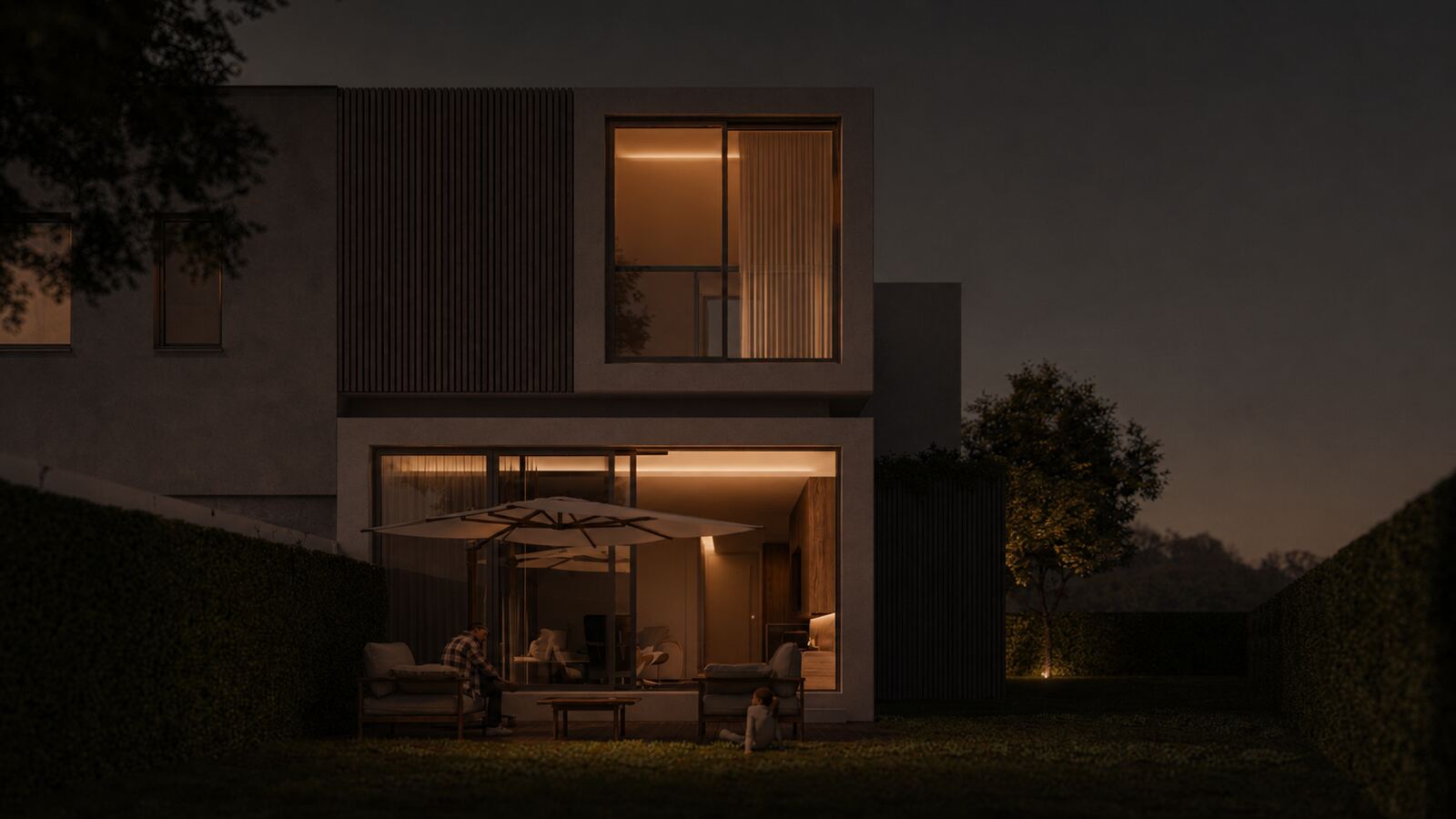 Casa contemporânea ao entardecer